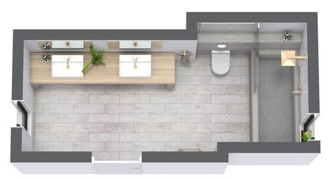 Narrow Bathroom Floor Plan in Scandinavian Style Long Bathroom Layout Ideas Floor Plans, Long Bathrooms Narrow Layout, Narrow Bathroom Layout Floor Plans, Long And Narrow Bathroom Ideas, Ensuite Bathroom Ideas Long Narrow, Long Narrow Guest Bathroom, Bathroom Long Narrow, Narrow Full Bathroom, Long Narrow Bathroom Layout Floor Plans