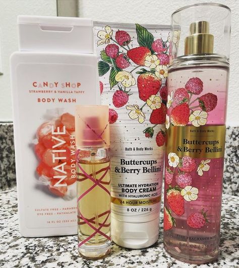 Thrift Professor on Instagram: "@bathandbodyworks - Buttercups & Berry Bellini Cream & Mist strawberry purée, buttercup flowers and bubbly prosecco. @native Strawberry & Vanilla Taffy @aqolina Pink Sugar - Red Berries, Licorice, Cotton Candy, Caramel, Sandalwood #hygiene #fragrance #scentoftheday #fragrancelayering #thesmellofsummer #smelllikeasnack #bodycareroutine #bodycare #showerroutine #sotd #bathandbodyworks #victoriassecret #selfcare #selfcarecollection #selfcaresunday #treehutsugarsc Buttercups And Berry Bellini, Native Strawberry, Berry Bellini, Strawberry Purée, Olay Body Wash, Candy Caramel, Buttercup Flowers, Buttercup Flower, Sweet Cupcakes