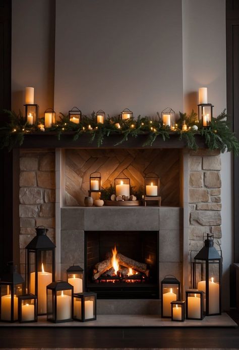 30 Lantern Decor Ideas to Illuminate Your Space Lanterns In Front Of Fireplace, Twinkle Lights In Fireplace, Lanterns By Fireplace, Fireplace Lantern Decor Living Rooms, Fireplace With Lanterns, Lantern Decor Fireplace, Mantle Lighting Ideas, Lanterns On Fireplace, Tiny Apartment Christmas