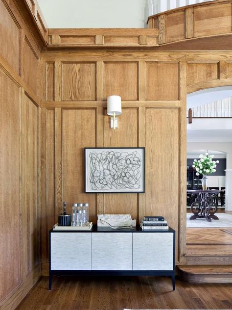 Judges Paneling, Gray Console Table, Wooden Panelling, Wall Panel Design, Wooden Wall Panels, Wall Trim, Transitional Living Rooms, Up House, Wooden Wall Decor