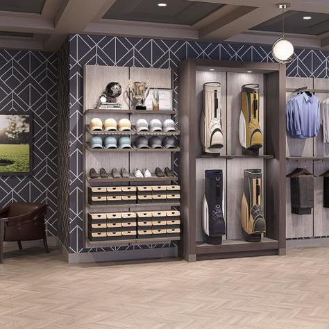 Golf Clubhouse Store | OPTO Golf Collection Display, Golf Pro Shop Display, Golf Store Design, Golf Interiors, Golf Merchandise, Golf Office, Golf Furniture, Golf Pro Shop, Golf Simulator Room