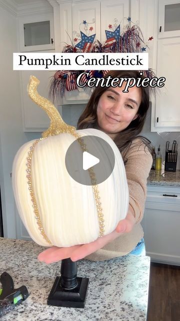 Emily McInnis (Waldo) on Instagram: "🤍 Good Luck, Babe! On this elegant Autumn centerpiece 🍂   You can find ALL the supplies at @burlapandblingdecor:   (1) ivory pumpkin (I have the tall one here) (1) roll of pumpkin 5/8” ribbon (2) curly gold sprays (2) autumn berry bushes (2) gold cedar picks  The candlestick and foam are ones that I reuse all the time! ♻️   SAVE this tutorial for some future fall inspo ✨ and let me know your thoughts below!  #falldecor #fallinspo #falldecoratingideas" Pumpkins On Candlesticks, Pumpkin Centerpieces Fall, Fall Candlesticks, 2024 Ornaments, Pumpkin Candlesticks, Candlestick Crafts, Topiary Diy, Fall Pumpkin Centerpieces, Elegant Pumpkins