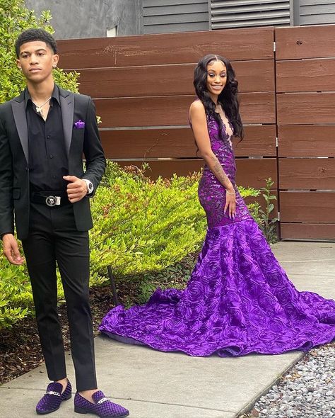 Purple And Gold Prom Couple, Royal Purple Prom Dress Couple, Purple Prom Black Couple, Black And Lavender Prom, Black And Purple Prom Suit, Prom Purple Couple, Purple And Grey Prom Couple, Light Blue Prom Dress Black Couple, Dark Purple Prom Dress Couple