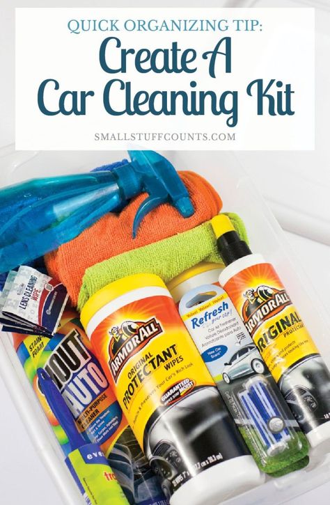 Love this quick organizing tip! My car would be so much cleaner if I had all of the car cleaning supplies organized into one handy kit. This has a good list of things to include in a car cleaning kit - all great ideas! Car Cleaning Gift Basket Ideas, Organized Car, Car Organizing, Diy Car Cleaning, Van Organization, Car Cleaning Supplies, Cleaning Hacks Tips And Tricks, Quick Organization, Car Items