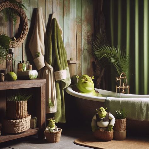 Hotel Shrek Amenities/Detalles Shrek Bathroom, Themed Dinner, Dinner Themes, Shrek, House Inspiration, Bathroom Interior, Bedroom Makeover, House Ideas, Bathroom Decor