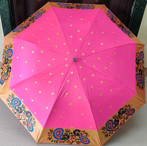 This is completely hand painted umbrella with fabric colours based on Maharashtrian traditional saree Paithani Hand Painted Umbrella, Painted Umbrella, Umbrella Craft, Saree Paithani, Umbrella Painting, Saree Painting, Traditional Saree, Traditional Sarees, Fabric Color