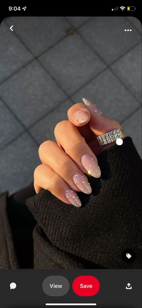 Nails With Studs, Studded Nails, Diamond Nails, Neutral Nails, Classy Nails, French Tip Nails, Rhinestone Nails, Nails Inspo, French Nails