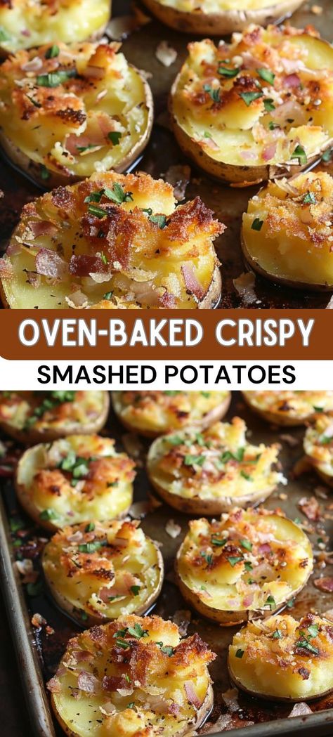 Oven-Baked Crispy Smashed Potatoes Baked Baby Potatoes, Smashed Potatoes Baked, Baby Potato Recipes, Smashed Potatoes Recipe, Baked Steak, Roasted Baby Potatoes, Potatoes In Oven, Crispy Smashed Potatoes, Lunch Appetizers