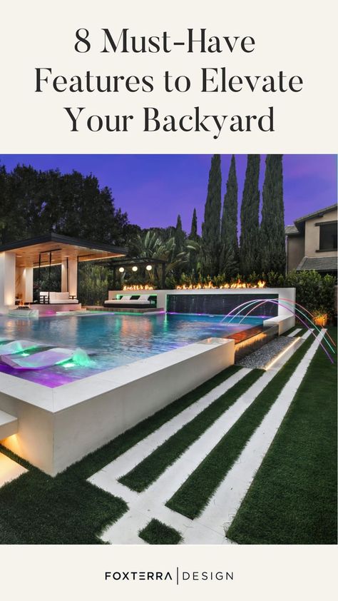 There are 8 backyard design features we think EVERY dream backyard should have, regardless of the size.  Read this post to learn what backyard design features we recommend for every design!  Ready to make your backyard feel like a resort?  Book a design consultation today!  luxury landscape design, modern backyard landscaping, backyard patio design ideas, backyard water features, backyard fire pit designs, dream backyard pool design, resort style backyard design Hair Styles For Swimming, Swimming Pools Backyard Landscape, Backyard Swimming Pool, Modern Pool House, Living Pool, Dream Backyard Pool, Luxury Landscaping, Pool Water Features, Pool Remodel