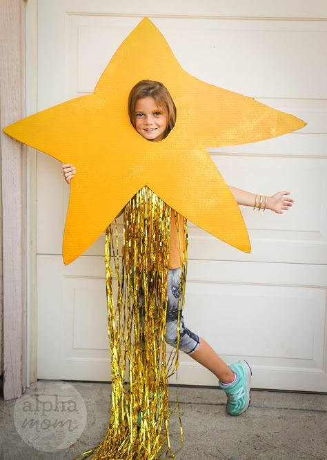 Shooting Star Kids' Halloween Costume (Easy Cardboard DIY) by Brenda Ponnay for @alphamom Star Toddler Costume, Diy Space Costume Kids, Space Dress Up, Space Diy Costume, Easy Christmas Costumes, Space Costume Kids, Diy Star Costume, Sun Costume For Kids, Star Costume Diy