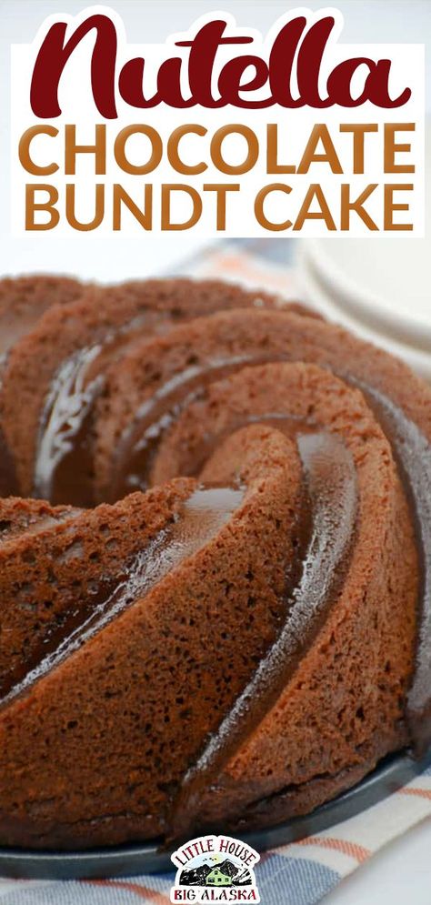 This is going to be your new favorite cake recipe. This Nutella Chocolate Bundt Cake drizzled with a Nutella Chocolate Ganache makes for happy faces all around. Everyone loves Nutella! Start with a luscious chocolate bundt cake, kick it up with Nutella and melted chocolate, and bake it up. Once it’s cooled glaze it with an easy, but classy Nutella Chocolate Ganache! | @LttlHouseBigAK Nutella Bundt Cake, Bundt Cake Glaze, Bundt Cake Mix, Chocolate Bundt Cake Recipe, Nutella Recipes Cake, Bunt Cake Recipe, Pumpkin Bundt Cake, Chocolate Bundt, Bundt Cake Recipe