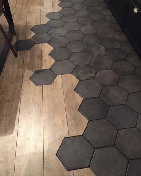 Hexagon Tile Fireplace, Honeycomb Tiles Bathroom, Octagon Tile Bathroom, Octagon Tile Floor, Black Hexagon Floor, Hexagon Flooring, Hexagon Tile Kitchen, Large Hexagon Tile, Tile To Wood Transition