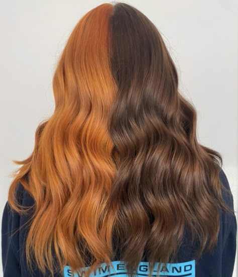 Split dye hairstyle with ginger and brunette hair colours Half Brown Half Ginger Hair Split, Brown And Orange Hair Split, Split Dye Hair Ideas Brown, Copper Half And Half Hair, Brown And Ginger Split Dye, Ginger And Black Split Dye, Brown Hair Ginger Money Piece, Half Brown Half Orange Hair, Ginger And Brown Hair Split