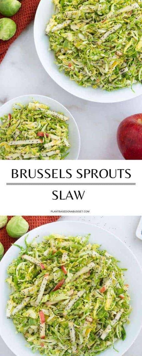 Brussels Sprouts Slaw with Lemon-Poppy Seed Dressing Slaw With Apples, Brussels Sprout Slaw, Brussel Sprout Slaw, Healthy Holiday Sides, Ella Vegan, Shaved Brussel Sprout Salad, Lemon Poppy Seed Dressing, Vegan Board, Shaved Brussel Sprouts