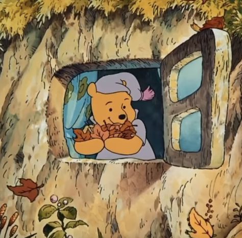 Winnie The Pooh Rainy Day, Winnie The Pooh Cottagecore, Cozy Cartoon Aesthetic, Fall Wallpaper Winnie The Pooh, Autumn Cartoon Aesthetic, Winnie The Pooh Autumn Wallpaper, Cartoon Fall Aesthetic, Eore Winnie The Pooh, Winnie The Pooh Autumn