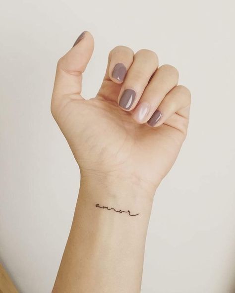 Amor Cursive Tattoo, Karma Finger Tattoo, Cursive Wrist Tattoo, Patience Tattoo, Amor Tattoo, Teacup Tattoo, Karma Tattoo, Small Finger Tattoos, Cursive Tattoos