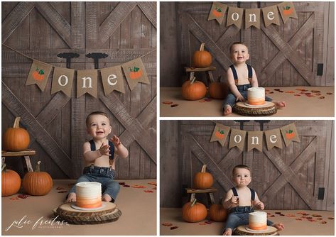 Pumpkin Cake Smash - Julie Freitas Photography Fall Birthday Smash Cake, Fall 1st Birthday Photoshoot, Fall First Birthday Photoshoot, Pumpkin Themed Cake, Pumpkin First Birthday Cake, Pumpkin Cake Smash, Themed Cake Smash, Fall First Birthday, Fall 1st Birthdays