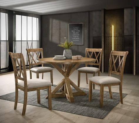 Laurel Foundry Modern Farmhouse Ebbert Cross-Buck 5 Piece Dining Set | Wayfair Circle Dining Table, Wooden Kitchen Table, Set Meja Makan, Round Dining Table Sets, 4 Dining Chairs, Dining Furniture Sets, Dining Room Table Set, Kitchen Dining Sets, 5 Piece Dining Set