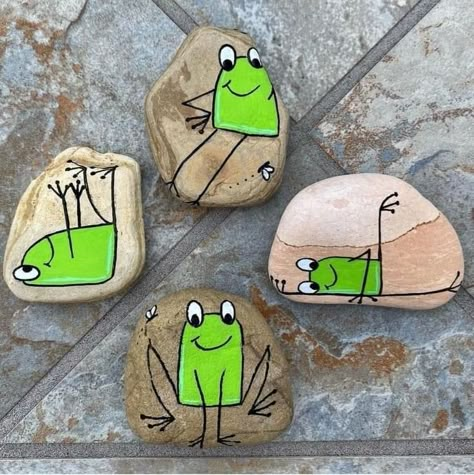 Rock Painting Ideas Frogs, Rock Painting Frogs Stones, Frog Painted Rocks Easy, Diy Frog Crafts, Rock Painting Frog, Rock Painting Animals Easy, Frog Rock Painting Ideas, Frog Painting Ideas, Frog Painted Rocks