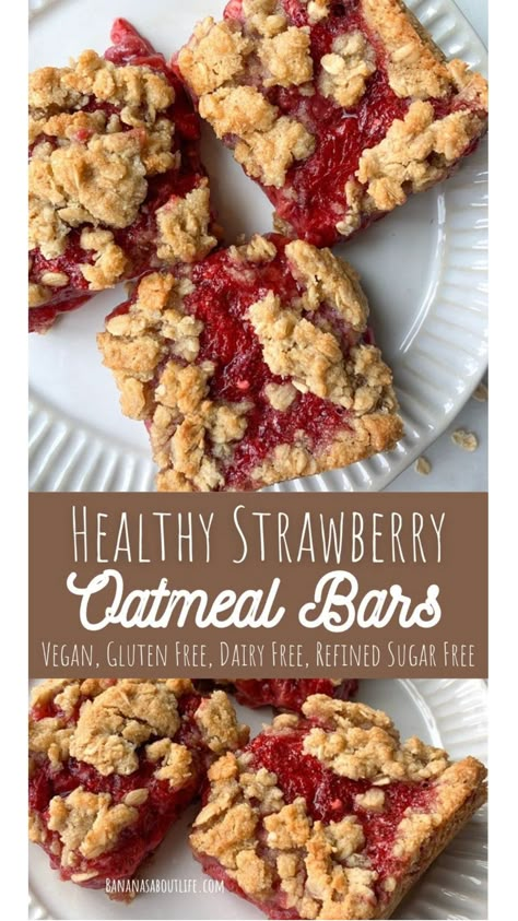 These strawberry oatmeal bars have the perfect crumbly oatmeal layers with a sweet gooey strawberry filling. You'll love these oatmeal bars for dessert, breakfast or a snack! This healthy treat recipe is also vegan, gluten free, dairy free and refined sugar free. Healthy Berry Bars, Gluten Free Strawberry Oatmeal Bars, Healthy Strawberry Oat Bars, Fruit Oat Bars, Breakfast Bars Vegan, Gf Breakfast Bars, Healthy Strawberry Oatmeal Bars, Strawberry Oatmeal Breakfast Bars, Strawberry Banana Oatmeal Bars