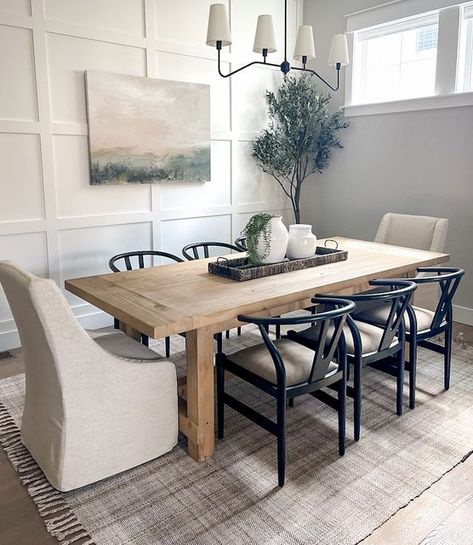 Homemade Dining Room Tables, Dining Room Neutrals, Dining Room Decor Long Table, Long Dining Table Styling, Extra Long Dining Room Table, Large Wall Mirror Dining Room, Dining Room Design Organic Modern, Dining Room Mixed Chairs, Diy Long Dining Table