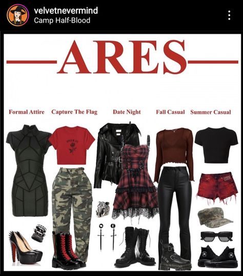 Percy Jackson Ares Cabin, Daughter Of Ares Aesthetic, Camp Half Blood Outfits, Percy Jackson Costume, Cabin Outfit, Percy Jackson Cabins, Percy Jackson Outfits, Percy Jackson Books, Formal Attire