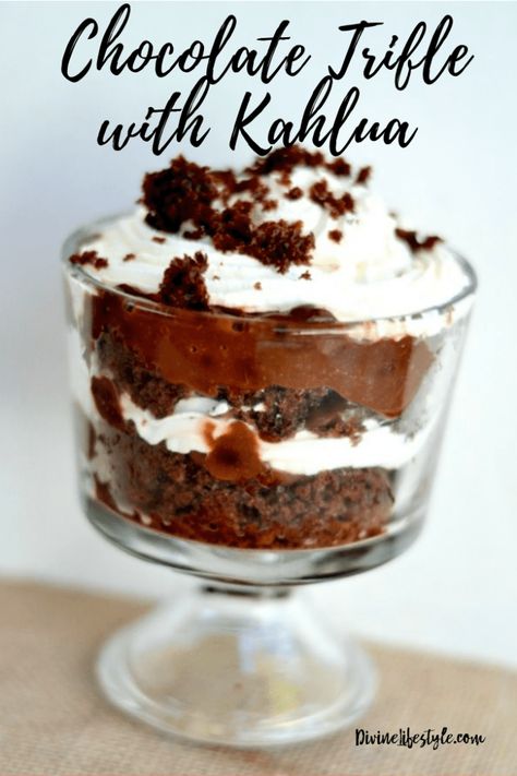 Chocolate Trifle With Kahlua, Kahlua Trifle, Chocolate Trifle Desserts, Trifle Bowl Recipes, Kahlua Recipes, Trifle Dessert Recipes, Black Color Hairstyles, Trifle Recipes, Boozy Chocolate