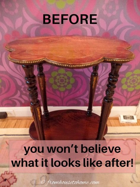 This DIY furniture project is an easy way to turn an old side table into a showstopper with some paint, metallic wax and nail head trim. The perfect way to upcycle a tiered table. Small Side Table Painting Ideas, Painting Bedroom Side Tables, Repurposed Side Table Ideas, Round End Table Refinishing Ideas, Flipping End Tables, Small Painted Tables Ideas, Refurbished Plant Stand, Painting Small Tables Ideas, Side Table Restoration