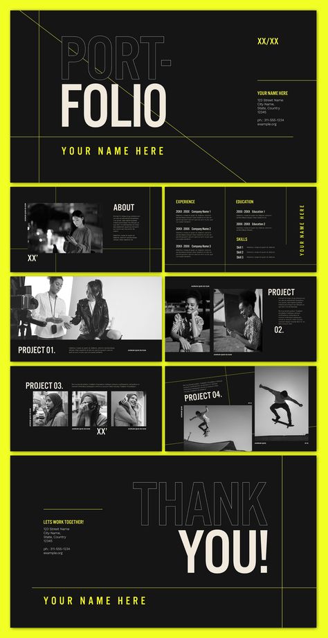 This modern portfolio features a bright color palette with yellow accents. The clean lines and geometric shapes create a stylish and inviting Portfolio Color Palette, Color Palette With Yellow, Modern Portfolio, Bright Color Palette, Ppt Template Design, Brand Assets, Color Palette Bright, Business Templates, Street Names