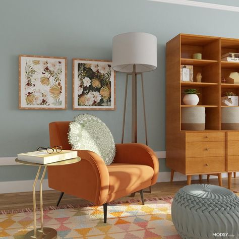 Relax In Rust Tones | Mid-Century Modern-Style Home Office Design Ideas Modern Therapist Office Design, Mid Century Modern Wall Colors, Mid Century Office Ideas, Mid Century Modern Paint Colors, Midcentury Modern Office, Therapist Office Design, Mid Century Bookcase, Office Vibes, Home Office Design Ideas