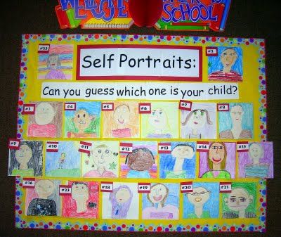 Self Portraits Bulletin Board: Display at Back to School Night and have parents try and guess which one is their child! Curriculum Night, School Open House, Back To School Night, Teacher Conferences, Parent Teacher Conferences, School Night, Self Portraits, School Opening, Meet The Teacher