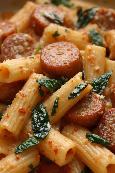 Creamy Sausage Rigatoni with Spinach, Garlic and Tomato Sauce Recipe

Ingredients

- 12 ounces rigatoni pasta
- 1 pound Italian sausage (mild or spicy)
- 2 cups fresh spinach
- 4 cloves garlic, minced
- 1 can (14.5 ounces) diced tomatoes
- 1 cup heavy cream
- 1/2 cup grated Parmesan cheese
- Salt and pepper to taste
- Olive oil for cooking

Instructions 

- Bring a large pot of salted water to a boil and cook the rigatoni according to package instructions until al dente.
- In a large skillet over medium heat, add olive oil and cook the Italian sausage until browned, breaking it up into smaller pieces with a wooden spoon. 

Read more on... Creamy Sausage Rigatoni With Spinach, Rigatoni And Sausage Recipes, Sausage Spinach Pasta, Smoked Sausage Pasta, Sausage Rigatoni, Sausage Pasta Recipes, Italian Sausage Pasta, Filled Pasta, Roasted Butternut Squash Soup