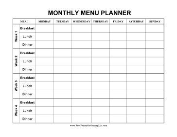 This monthly menu planner has four weeks of meals and sections for breakfast, lunch and dinner. Free to download and print Monthly Menu Planner, Fitness Journal Printable, Menu Sans Gluten, Monthly Menu, Printable Meal Planner, Monthly Meal Planner, Fitness Recipes, Cleaning Schedule Printable, Diy Organizer