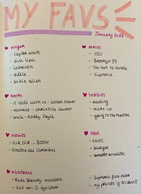 Thing To Write In My Journal, Stuff To Write When Bored, My Favs Journal, First Page In Journal, First Journal Page Ideas Writing Prompts, The Best Feelings In The World, Things To Do In Your Notebook, Things I Adore Journal, Cute Things To Write In A Notebook