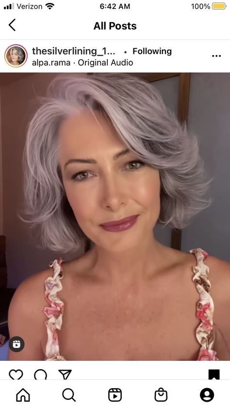 Chin Length Grey Hair With Bangs, Butterfly Haircut Gray Hair, Grey Hair Inspiration Short Hairstyles, Medium Length Gray Hair Over 50, Wavy Hair Shoulder Length, Silver Haired Beauties, Grey Curly Hair, Haircuts For Medium Length Hair, Gorgeous Gray Hair