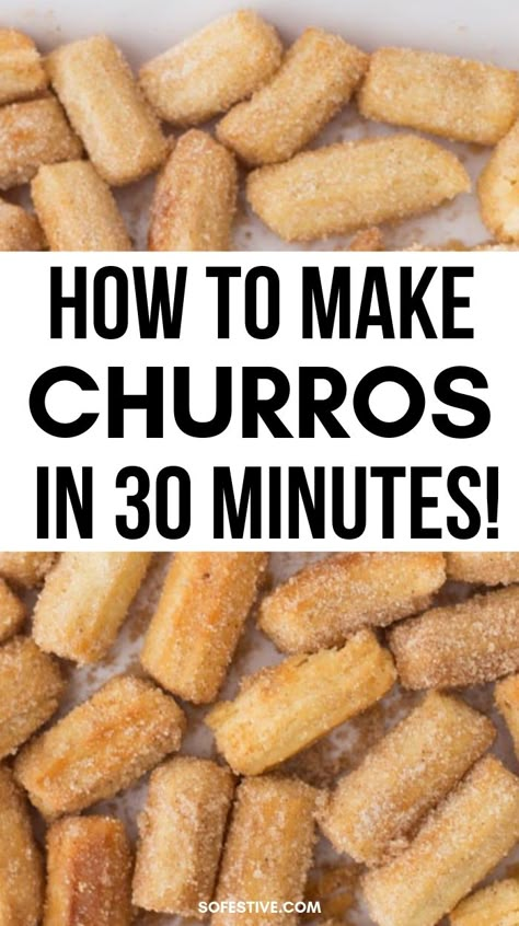 Making churros is simpler than you think! This easy and amazing homemade churro recipe is a keeper! In 30 minutes, you can have tons of bite-size churros for your Mexican fiesta or Cinco de Mayo party. So yummy. So easy! Taco Fiesta Party Food, Churros For Party, Recipes For Churros, Deserts For Party Easy, Mexican Fiesta Appetizers, Churro Cookies Easy, Food For Cinco De Mayo Party, Cinco De Mayo Snack Ideas, Three Esta Food Ideas