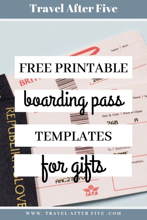 If you are purchasing a trip as a gift, don't just give them a print-out of your order confirmation. Consider downloading one of the following free boarding pass templates, all which can be customized with your own details. Announce that you are going on a trip, or use one of the printable plane tickets as finishing touches on a tangible gift that you are giving. You can also use one of these free ticket templates as invitations to a future event. via @travelafterfive Ticket Template Free Printables, Boarding Pass Invitation Template, Fake Plane Ticket, Ticket Template Printable, Ticket Template Free, Surprise Trip Reveal, Surprise Vacation, Boarding Pass Invitation, Boarding Pass Template