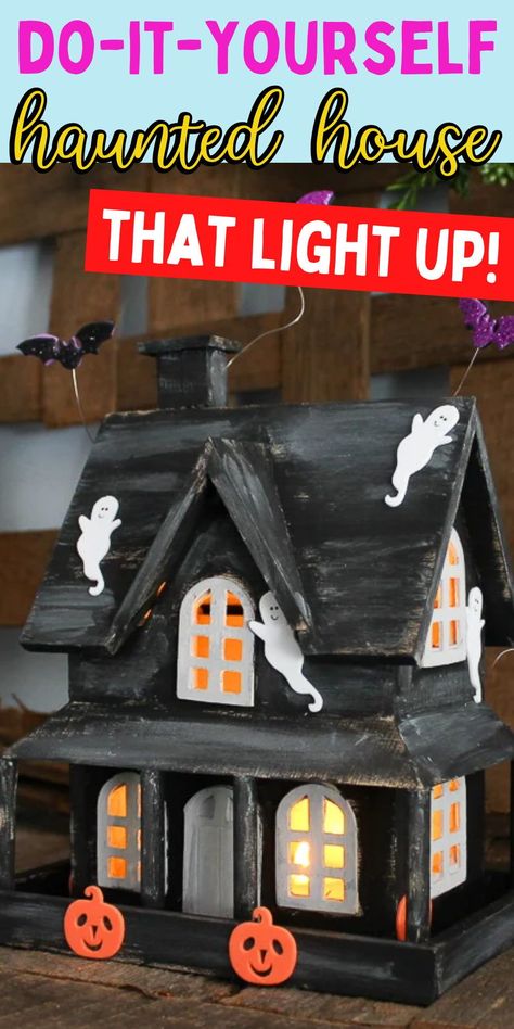 How to make a haunted house. Haunted house craft. DIY haunted house. Haunted House Out Of Cardboard Boxes, How To Paint A Wooden Haunted House, 3d Haunted House Craft, Haunted House Birdhouse Ideas, Haunted Gingerbread House Template, Clay Haunted Houses, Haunted Birdhouse, Make A Haunted House, Haunted House Project