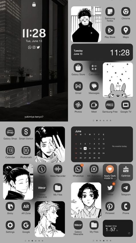 Dark Theme Iphone Wallpaper, Ipad Theme Ideas Aesthetic Dark, Ipad Layout Ideas Dark, Samsung Phone Layout Aesthetic, Samsung Phone Theme Ideas, I Phone Theme Ideas, Anime Home Screen Ideas, Cool Home Screen Wallpaper, Home Screen Customization Ideas