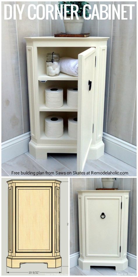 Corner Storage Idea for the Bathroom Apartment Building Plans, Diy Corner Cabinet, Small Corner Cabinet, Bathroom Corner Cabinet, Cove Moulding, Kitchen Corner Storage, Modern Woodworking, Adding Storage, Free Building Plans