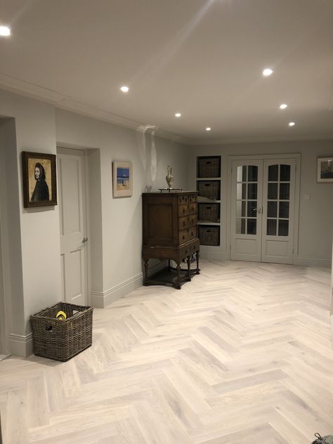 Really happy with my new wood herringbone hall floor Pale Herringbone Floor, Herringbone Tile Floor Living Room, Light Herringbone Floor, Greige Herringbone Floor, Wood To Wood Floor Transition, Herringbone Floor Living Room, Flooring Living Room, Hallway Upstairs, Flooring Herringbone