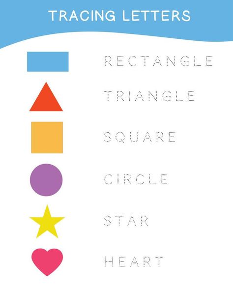 Tracing letters. Tracing names of shapes worksheet. Writing practice. Educational printable math worksheet. Colorful worksheet page. Vector file. Shapes Names Worksheet, Tracing Names, Name Tracing, Shape Names, Shapes Worksheets, Printable Math Worksheets, Triangle Square, Tracing Letters, Educational Printables