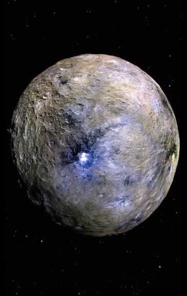 Images from NASA’s Dawn probe have revealed a dark, cratered world whose brightest area is made of reflective salts — not water ice. But several new studies show distinct lines of evidence for ice at or near Ceres’ surface. Above: This false-color image shows the dwarf planet Ceres. Image credit: NASA / JPL-Caltech / UCLA / MPS / DLR / IDA. Ceres Planet, Drake Equation, Planet Pictures, Alien Photos, Advantages Of Solar Energy, Asteroid Belt, Nasa Space Shuttle, Nasa Images, Nebulas