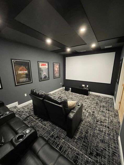 Entertainment Room Lighting, Dark Grey Movie Room, Small Basement Movie Theater Ideas, Basement Home Theater Ideas Small Spaces, Projector Room Ideas Home Theaters, Cinema Room Small Home Theatre, Gray Wall Basement Ideas, Minimalist Movie Room, Home Theater Room Colors