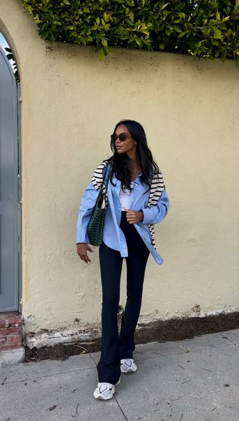 Black Trousers And Sneakers Outfit, Green Goyard Tote Outfit, Green And White Striped Shirt Outfit, Black And White Striped Cardigan Outfit, Stripe Trousers Outfit, Green Goyard Bag, Goyard Bag Outfit, Green Striped Shirt Outfit, Striped Trousers Outfit