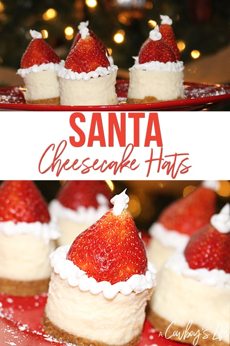 Santa Cheesecake Hats Strawberry Cheesecake Santa Hats, Santa Cheesecake Bites, Mini Cheesecake Santa Hats, Santa Cheesecake Hats, Mini Santa Hat Cheesecakes, Cheesecake Bites Christmas, Mini Cheesecake Christmas, Christmas Cheesecake Cupcakes, Santa Hat Cheesecake Bites