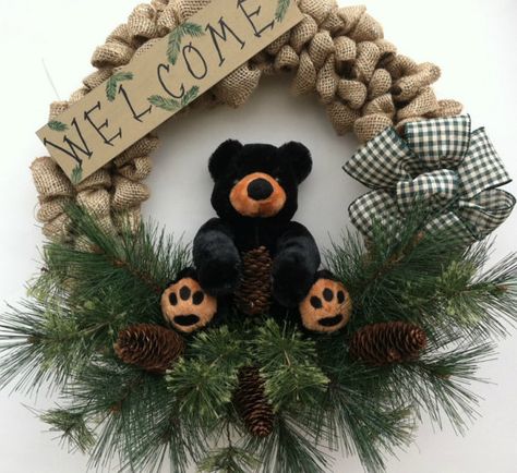 Cabin Wreath, Black Bear Decor, Bear Cabin, Log Cabin Decor, All Season Wreath, Rustic Cabin Decor, Bear Decor, Lodge Decor, Rustic Wreath