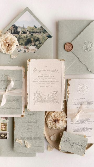 Papira® | Alexandra on Instagram: "G&A’s textured sage and ivory wedding stationery with mesmerizing gold foil accents and blind embossed details. For a summer wedding in Romania. 🤍" Papira Design, Sage And Ivory Wedding, Ireland 2023, Booking Calendar, Obx Wedding, Ivory Wedding Invitations, Forest Theme Wedding, Sage Wedding, Wedding Invitation Inspiration