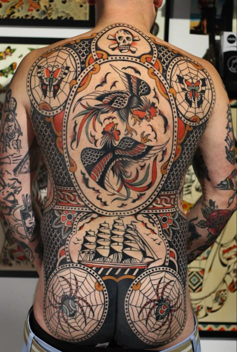 #traditional #oldschool #frames #tattoo American Trad Back Piece, American Traditional Backpiece, Tattoo Full Back Design, American Traditional Tattoos Backpiece, American Trad Back Tattoo, Traditional Tattoos Backpiece, Trad Back Tattoo, Traditional Backpiece Tattoo, European Traditional Tattoo