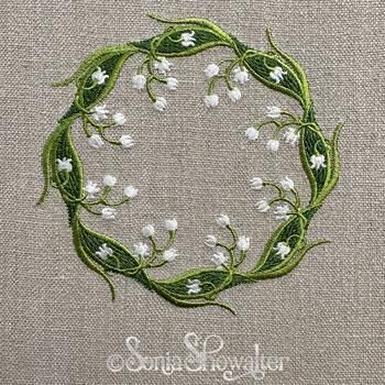 Lily of the Valley Wreath Beaded Lily Of The Valley Tutorial, Lily Of The Valley Embroidery Design, Embroidery Lily Of The Valley, Lily Of The Valley Craft, Lily Of The Valley Embroidery Pattern, Embroidered Lily Of The Valley, Lily Of The Valley Wreath, Embroidery Lily, Ivy Embroidery